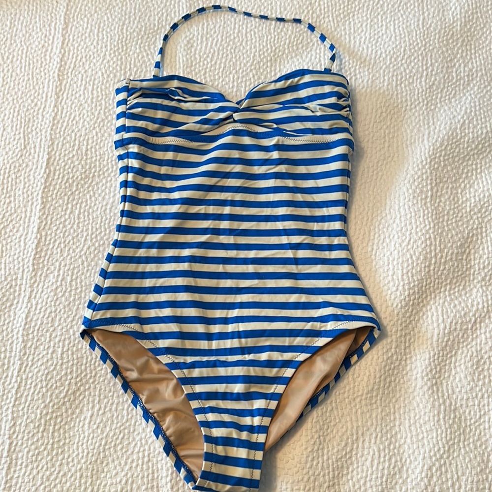 J. Crew one piece bandeau style blue white stripe bathing suit size 2 NWT